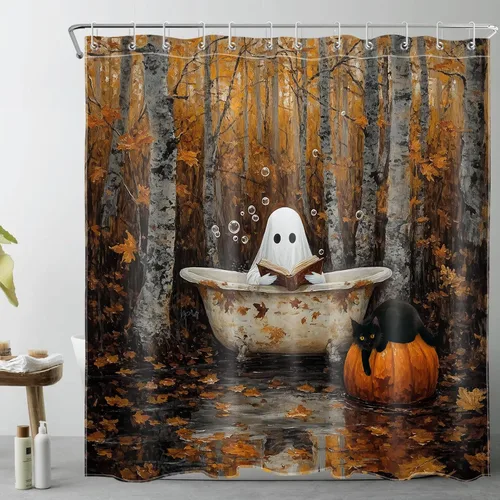 Miniatura 3 de LB Cortina de ducha de otoño para baño, divertido gato negro con fantasma en la bañera en el bosque de otoño, cortina de ducha de tela de cosecha