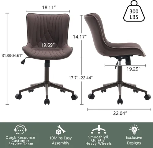 Miniatura 2 de YOUTASTE Silla de escritorio de oficina sin brazos con ruedas, silla giratoria ajustable, tapizada de piel sintética, soporte ergonómico
