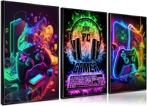 Miniatura 12 de 3 piezas de arte de pared para juegos geniales, pósters de acuarela de videojuegos retro, cuadros coloridos de mando de neón, impresiones de pintura
