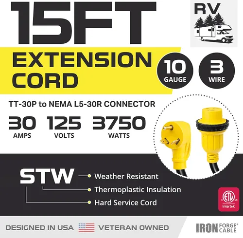 Miniatura 2 de Iron Forge Cable Cable de extensión RV de 30 amperios de 15 pies - 10/3 STW TT-30P a NEMA L5-30R 125v Cable de alimentación de RV resistente