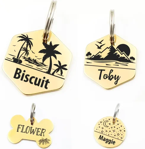 Miniatura 6 de Bonita placa de identificación de mascotas de acero inoxidable grabada en ambos lados, etiquetas personalizadas para gatos y perros para colgante