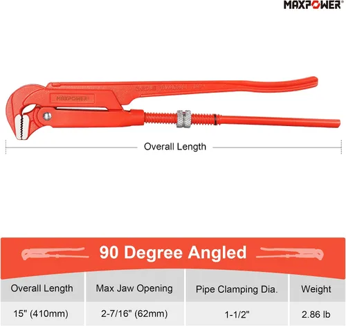 Miniatura 3 de MAXPOWER Llave para tubos sueca de 15 pulgadas, ángulo de 90 grados