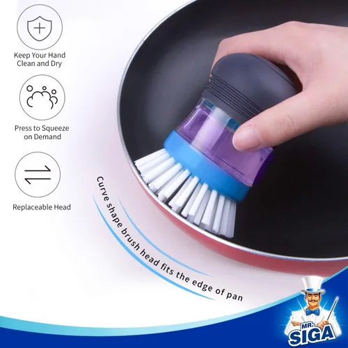 Miniatura 7 de MR.SIGA Cepillo dispensador de jabón, cepillo de cocina para limpiar platos, ollas, sartenes, fregaderos, paquete de 2, azul marino/azul