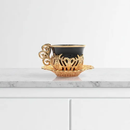 Miniatura 4 de Alisveristime Juego de 12 tazas de café turco griego árabe café expreso taza platillo de porcelana (negro dorado)