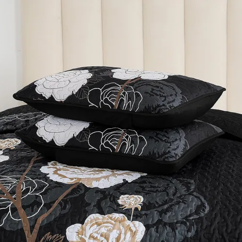 Miniatura 7 de Anibedding Juego de edredón floral tamaño Queen, elegante colcha cubrecama negra con estampado floral de 3 piezas, juego de ropa de cama