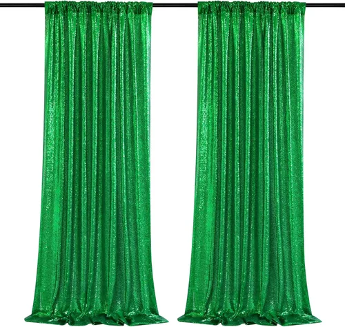 B-COOL Cortina tipo telón de fondo de lentejuelas verdes, 2 paneles de 2 x 8 pies para cortina verde esmeralda brillante, decoración de fondo de
