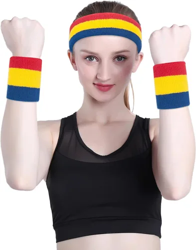 Miniatura 12 de ONUPGO - Conjunto de diadema y muñequeras deportivas para el sudor, hechas de algodón con bucles, muñequeras, contra humedad