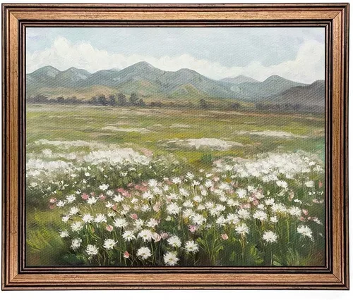 Arte de pared enmarcado en oro, paisaje vintage, flores silvestres, montaña, pintura en lienzo para dormitorio, sala de estar, decoración de pared