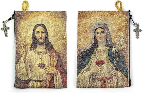 Bolsa de rosario católico, Sagrado Corazón de Jesús y Corazón Inmaculado de María, 4 x 6 pulgadas, joyería y monedero con cruz, pequeña bolsa tejida