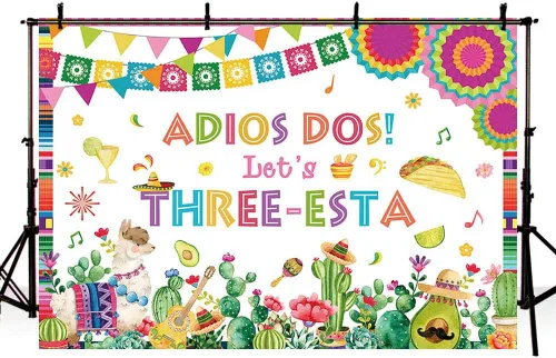 Miniatura 4 de AIBIIN Telón de fondo mexicano de tercer cumpleaños de 7 x 5 pies para niños, decoración de fiesta de Let's Three-Esta, cactus floral, alpaca