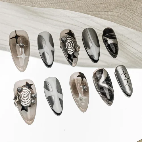 Miniatura 27 de Sun&Beam Nails Uñas a presión hechas a mano medianas con diseño de concha rosa metálica con acabado brillante, 10 piezas para uso diario y ocasiones