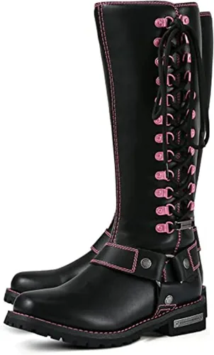 Dream Apparel Botas de motocicleta con arnés para mujer, botas de motociclista con punta cuadrada, botas altas con cordones hasta la rodilla con