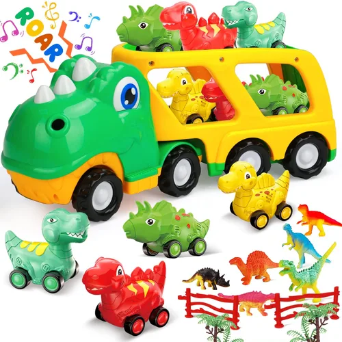 Miniatura 8 de TOY Life Camión de Dinosaurio Jurásico con Pista y Luces y Sonidos, Juguetes de Dinosaurio Triceratops para Niños de 3 a 5, Juego de Transporte