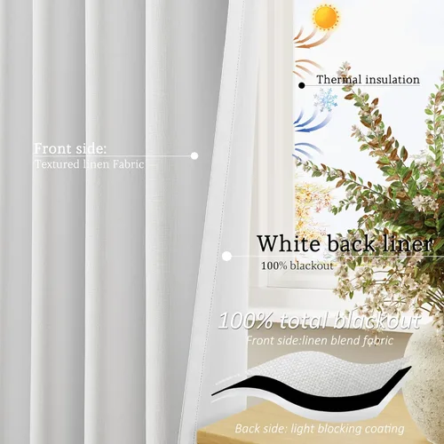 Miniatura 134 de Cream Linen Blackout Curtains 96 Length 2 Panels Set for Living Room Bedroom, 100% Black Out Thermal Insulated Linen Drapes, Room Darkening Grommet