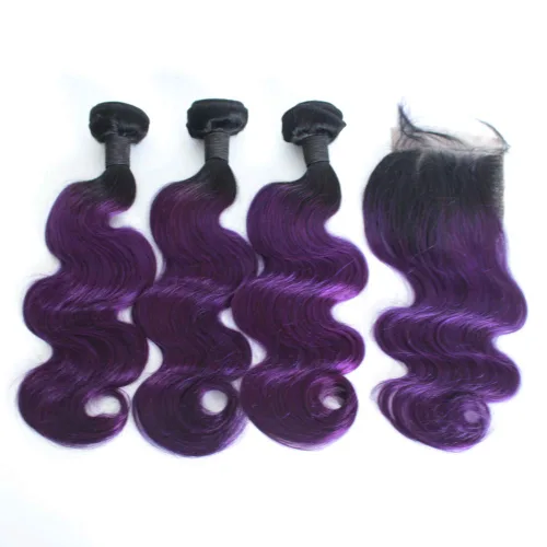 Miniatura 13 de 1B/27 rubio ombre brasileño virgen paquetes con cierres 4pcs lote cuerpo onda 12 con 10 pulgadas ombre encaje cierre con teje pelo