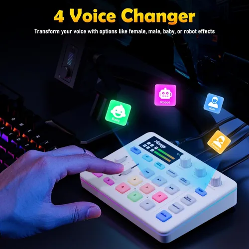 Miniatura 4 de Facmogu Mezclador de audio G9, mezclador de PC RGB de transmisión con interfaz de micrófono XLR, atenuador de volumen, botón de silencio