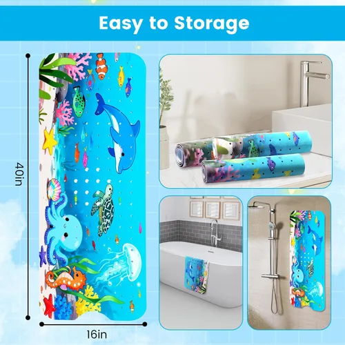 Miniatura 6 de Alfombra de bañera para niños antideslizante, delfines nadan felices en el mar (azul) 40 x 16 pulgadas, extra larga, suave, ventosa para un agarre