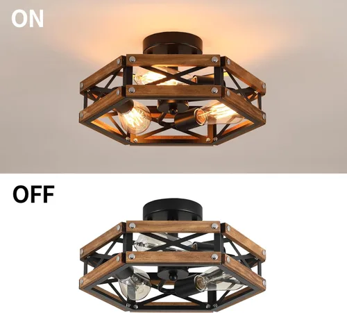 Miniatura 7 de Lámpara de techo de madera rústica de 3 luces, de madera de roble y jaula de metal, lámpara de techo semiempotrada para pasillo, pasillo, entrada