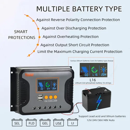 Miniatura 2 de Powmr Controlador de carga solar PWM de 60 A, 12 V, 24 V, 36 V, 48 V, con pantalla retroiluminada, puerto USB dual, PV máximo 100 VDC, regulador