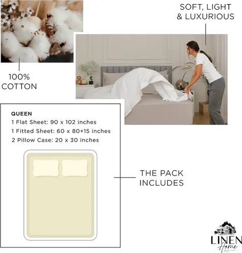 Miniatura 6 de Linen Home Juego de 4 sábanas de percal de 100 % algodón, tamaño Queen, color crema, bolsillo profundo, 1 sábana encimera, 1 sábana bajera de 04