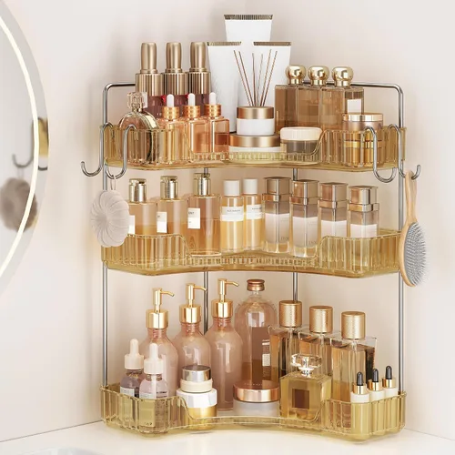Miniatura 9 de Organizador de esquina para encimera de baño, organizador de baño de 2 niveles y encimera de almacenamiento con ganchos, cuidado de la piel