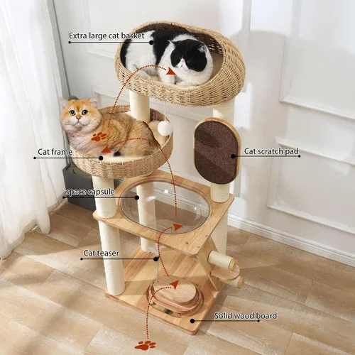 Miniatura 4 de Árbol moderno para gatos, torre de árbol para gatos con cápsula espacial, nido de cesta tejida a mano, postes de sisal y tabla de rascar, torre