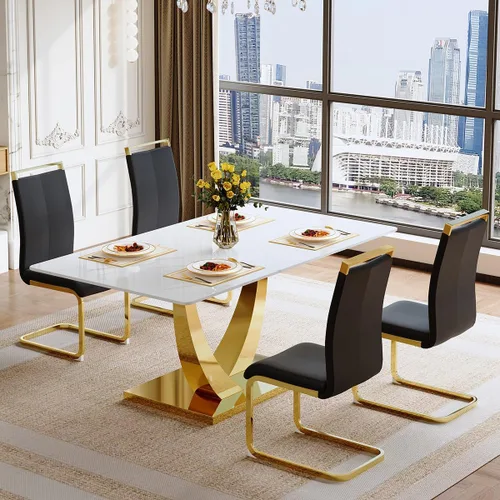 Miniatura 33 de Juego de mesa de comedor para 4, mesa de comedor de mármol sintético de 63 pulgadas con patas y base de acero inoxidable, sillas acolchadas
