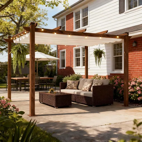 Miniatura 19 de PURPLE LEAF Pérgola retráctil para exteriores de 10 x 10 pies con toldo, refugio de metal para patio, jardín, pabellón, marco de grano de madera