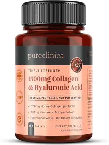 pureclinica 1500 mg UltraColl Coll Coll (1200 mg) y ácido hialurónico (300 mg) x 180 tabletas - 6 meses de suministro