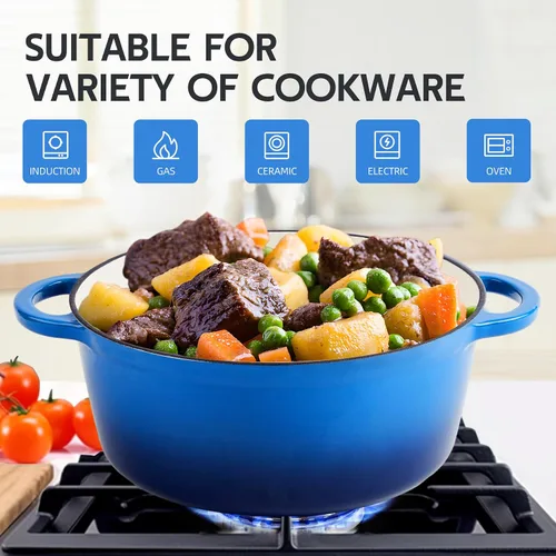 Miniatura 6 de Horno holandés de hierro fundido esmaltado de 3 cuartos con tapa - Asas dobles grandes - Apto para horno hasta 500°F - Olla redonda clásica para Azul