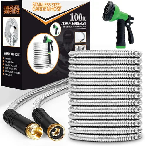 Unywarse Manguera de jardín de 100 pies, manguera de agua resistente de acero inoxidable con boquilla de 10 funciones, flexible, ligera, sin