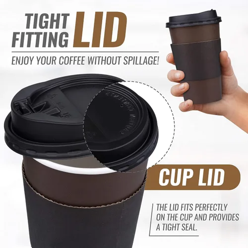 Miniatura 8 de Promora Tazas de café café desechables de 16 onzas con tapas y mangas, tazas de papel prémium (paquete de 100)