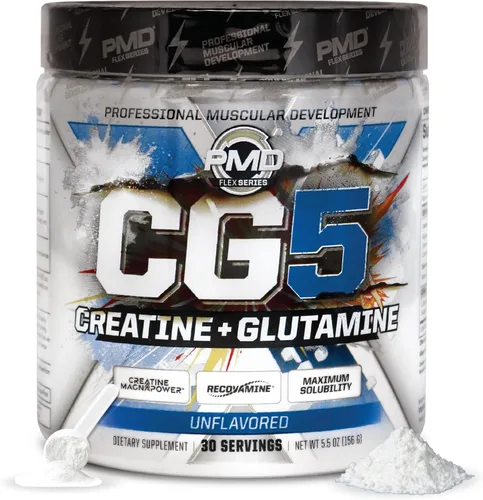 PMD Sports CG5 Polvo Premium de Creatina y L Glutamina, Recuperación de Energía, Construcción de Músculo Delgado, Aumento del Rendimiento en Sin