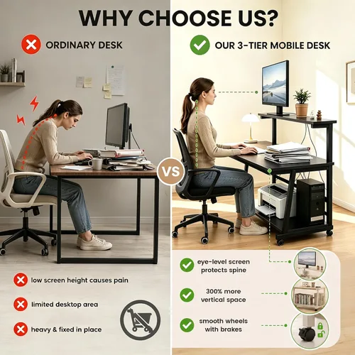 Miniatura 5 de Escritorio compacto de 31.5 pulgadas para computadora con mesa de trabajo de niveles y ruedas con bloqueo, escritorio pequeño para dormitorio
