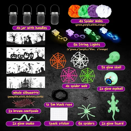 Miniatura 2 de Kit de manualidades de Halloween para niños, 4 tarros de vidrio con accesorios para tarro de farol de bricolaje, suministros de fiesta de arte