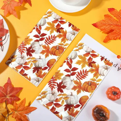 Miniatura 4 de 120 servilletas de papel de otoño con hojas de arce y calabaza, servilletas decorativas de otoño, toallas de mano desechables para Acción