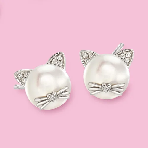 Miniatura 3 de Ross-Simons 8-8.5mm Cultured Pearl Cat Earrings with Diamond Accents in Sterling Silver
