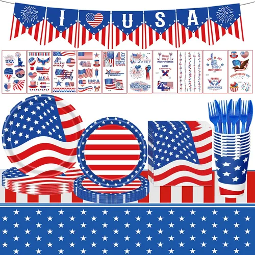 108 piezas de suministros para fiesta del 4 de julio, juego de vajilla con la bandera estadounidense, decoraciones patrióticas para fiestas