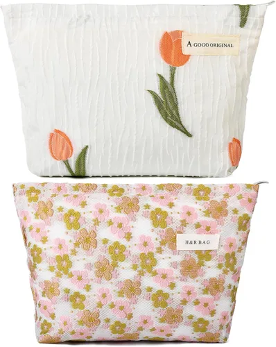 Miniatura 42 de SOIDRAM 2 Piezas de Bolsa de Maquillaje a Rayas Grande, Bolsa de Cosméticos de Cordura de Gran Capacidad, Bolsa de Lona Mixta de Artículos de Rayas