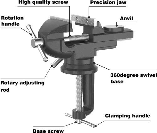 Miniatura 5 de Abrazadera de tornillo de banco portátil para banco de trabajo, 3 pulgadas, rotación de 360°, base giratoria para taladrar metalurgia, carpintería
