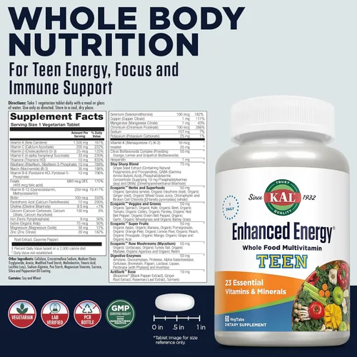 Miniatura 2 de KAL Teens - Suplementos energéticos mejorados, multivitamínico de alimentos integrales una vez al día con hierro, 23 vitaminas y minerales, apoyo