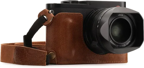 Megagear MG1401 Leica Q-P, Q (Typ 116) Ever Ready - Media funda y correa de piel auténtica, con acceso a la batería, color marrón