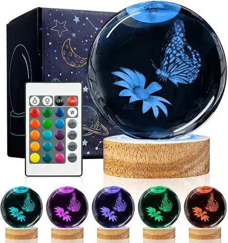 Luz nocturna de bola de cristal 3D de mariposa con 16 colores y 4 modos, cristal K9 mejorado, figuras de mariposa y flor de 3.15 pulgadas, control