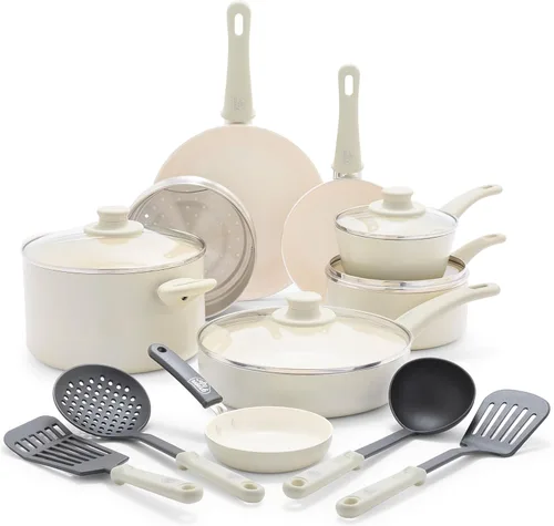 GreenLife Soft Grip - Juego de utensilios de cocina de 16 piezas, cerámica antiadherente sin PFAS no tóxica, para freír, saltear, utensilios, tapas