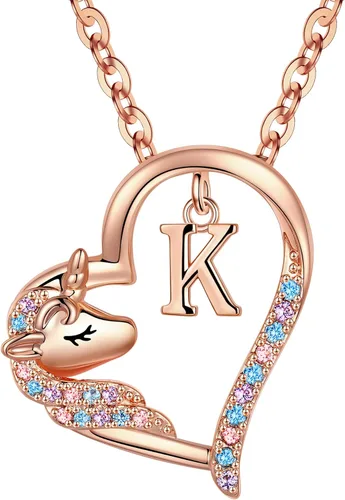 Anoup Collar con inicial de unicornio, chapado en oro de 14 quilates, hipoalergénico con circonita cúbica, colgante de diamante simulado, joyería