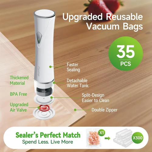 Miniatura 5 de Sellador al vacío de mano, sellador al vacío prémium para alimentos + 35 bolsas reutilizables para Sous Vide, potente sellador de alimentos al vacío