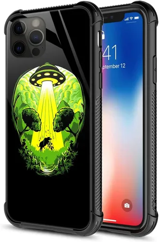 ZHEGAILIAN Funda compatible con iPhone 12/12 Pro, funda de invasión de vaca alienígena OVNI, parte trasera de vidrio templado + funda protectora de