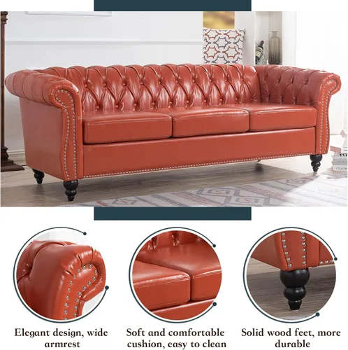 Miniatura 3 de Chesterfield - Sofá tapizado de piel sintética, con respaldo copetudo, sofá clásico de cuero de 3 plazas, brazo enrollado para sala de estar, Naranja