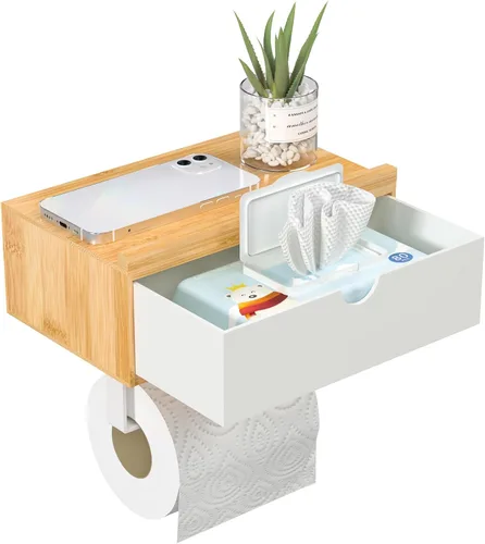 Domax - Soporte de papel higiénico con estante, soporte de papel higiénico para baño de montaje en pared/adhesivo, soporte de rollo de papel