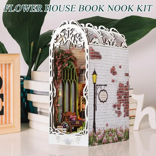Miniatura 7 de TuKIIE Kit de bricolaje en miniatura para rincón de libro, estantería de casa de muñecas con sensor de luz y a prueba de polvo, soporte decorativo